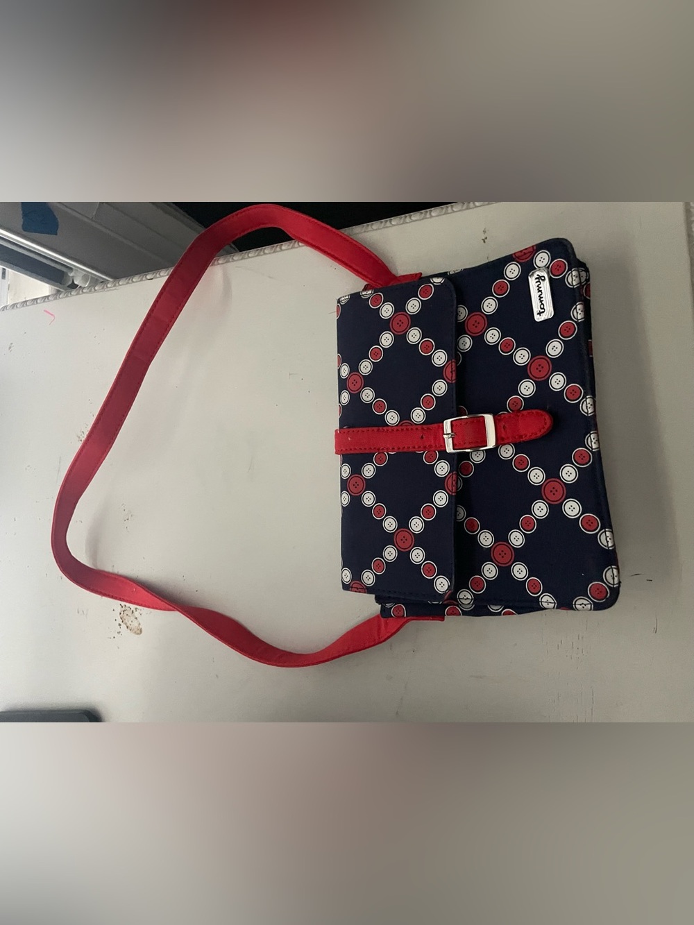 Navy Button-Print Crossbody Bag with Red Trim